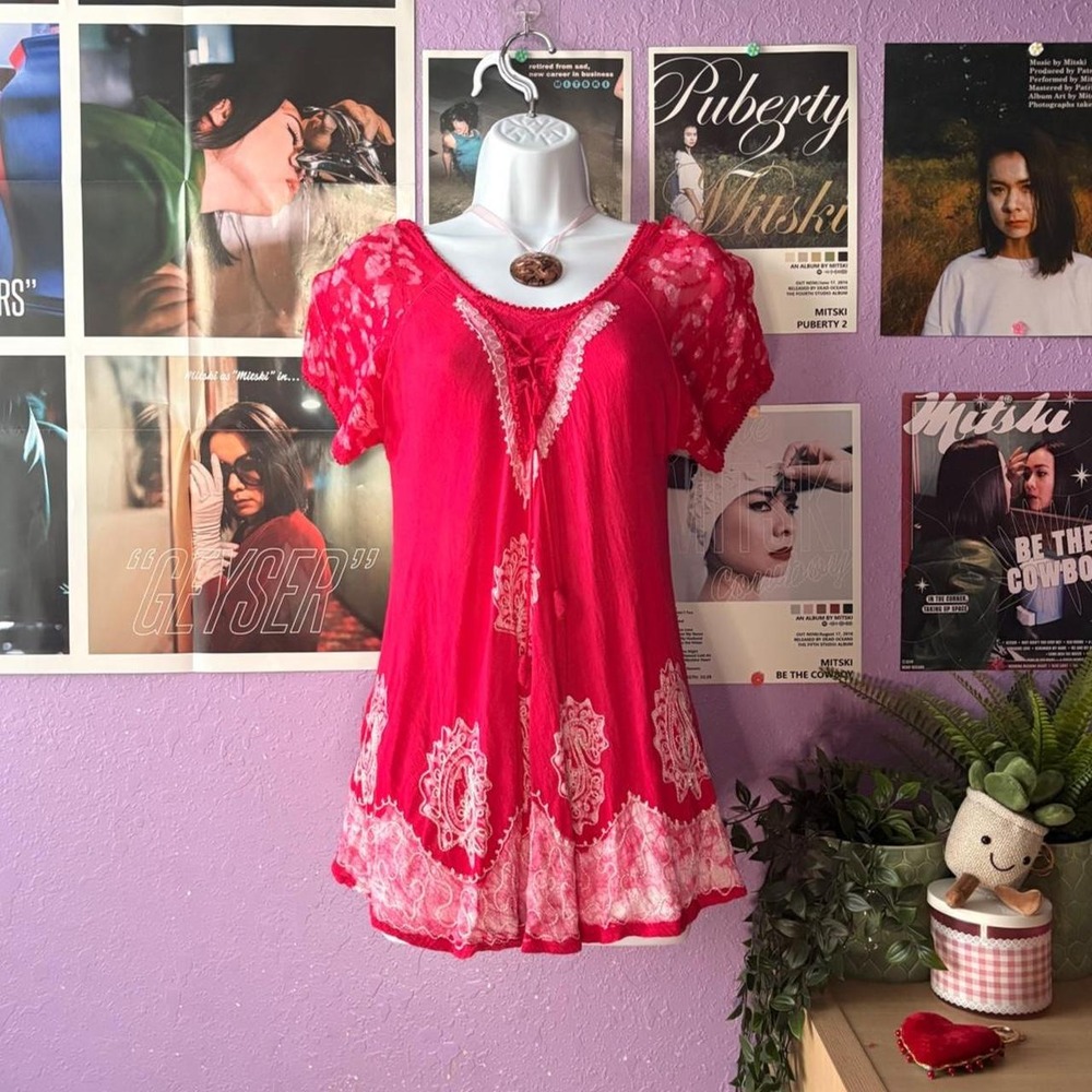 Hot Pink Lace Embroidered Boho Tunic Top Free Size